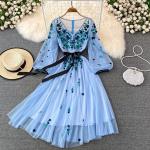 Casual Blauwe Mesh Handwas Bloemen Floral dresses  voor de Lente V-hals  in maat XXL Maxi voor Dames 