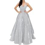 Sexy Zilveren Tulen Stretch Bloemen Party jurken  voor een Bruiloft V-hals  in maat XL met Lange mouwen Maxi met Glitter voor Dames 