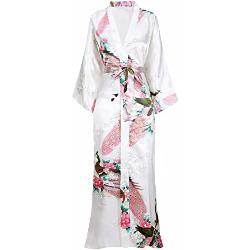 BABEYOND Damesochtendjas, kimono, lang model, met pauwenprint, ook geschikt als strandjurk, wit, onesize grote maten