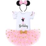 Babymeisjes 1e / 2e / 3e verjaardag, romper met korte mouwen / T-shirt top + gestippelde tule tutu + Minnie Mouse hoofdband, 3-delige set voor prinsesjes, verjaardagsfeestje, fotoshoot, wit+roze-1, 12 Maanden