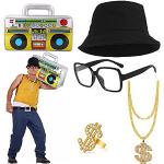 BIQIQI Hip Hop kostuum kit heren jaren 80 en 90 rapper outfits voor volwassenen accessoires verjaardag gunsten emmer hoed dollars teken gouden ring halsketting opblaasbare boombox