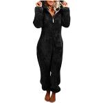 Brisorry Jumpsuit voor dames, lang, fleece, eendelig, onesie, pluche, slaapoverall met capuchon, effen ritssluiting, huispak, comfortabele pyjama, pluizig jumpsuit, eendelig, full-body pak, zwart2, XXL
