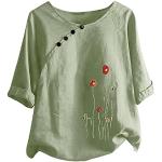 Casual Legergroene Linnen Bloemen T-shirts met opdruk  voor de Zomer V-hals  in Grote Maten  in maat XL met motief van Katten voor Dames 