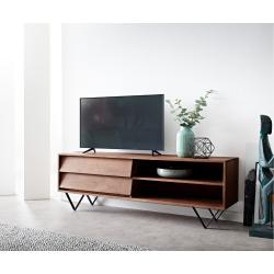 DELIFE TV-meubel Eloi acacia bruin 145x35 cm 2 schuifladen 2 vakken V-poot Zwart, Commodes & Schappen