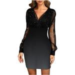Zwarte Gebreide Trui-jurken  voor de Winter V-hals  in maat XL met Lange mouwen Mini met Glitter voor Dames 
