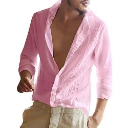 Gemijacka Overhemd voor heren met lange mouwen, van linnen, zomerhemd, vrijetijdshemd, normale pasvorm, roze, XXL