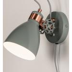 Grijze wandlamp in retro stijl met details in koper en extra lang snoer