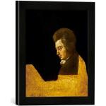 Ingelijste foto van Wolfgang Amadeus Mozart am piano kunstdruk in hoogwaardige handgemaakte fotolijst, 30x30 cm, mat zwart