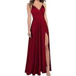 Bordeaux-rode Satijnen Geplooide Party jurken  voor een Bruidsmeisje V-hals  in Grote Maten voor Dames 