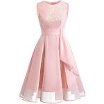 Sexy Roze Linnen Bloemen Party jurken  voor een Bruid Ronde hals  in maat S met Lange mouwen Knielang met Glitter voor Dames 