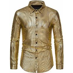 MakingDa Herenjurk, shirt met ruiten, bronzing, print, lange mouwen, button-down shirts, jaren 70 disco feestkostuum, Goud, S
