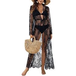 MIXIDON Kant Kimono voor Vrouwen Losse Kaftan Lange Pareos Beach Bikini Cover Up Jurken Elegante Casual Zomer Strand Vest zwart M