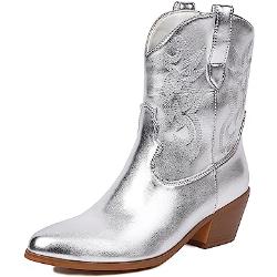 MRKEWUNEY Klassiek Cowboy Laarzen voor dames Puntige Teen White CowgirL Laarzen Lage Hiel Western Enkellaarzen Pull on Country Western Schoenen Silver Size 45