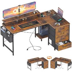 ODK Bureau, L-vorm, 140 x 80 x 84,7 cm, omkeerbaar hoekbureau, met 4 laden en monitorplank, tafel, L-vorm met 2 USB-oplaadpoorten en 2 stopcontacten, thuiskantoor, bruin
