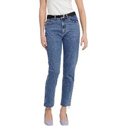 Dames Stretch MOM Jeans Recht ONLEMILY Hoge Taille Broek | Raw Design Ruwe Zoom Denim Straight Pants, Kleuren: Blauw, Maat: 28W / 32L, blauw (Dark Blue Denim)., 28W x 32L