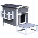 PawHut kattenhuis, kattenhut, kattengrot huis voor kleine dieren met terras en balkon voor katten, honden, dennenhout, grijs + wit, 115 x 66,5 x 74,7 cm