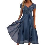 Casual Blauwe Chiffon Bloemen Party jurken  voor een Bruid V-hals  in maat XXL met Korte mouwen Knielang voor Dames 