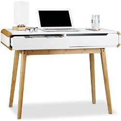 Relaxdays bureau met lades, Scandinavisch design, bamboe, HxBxD: 73 x 100 x 45 cm, kaptafel, houten computertafel, wit