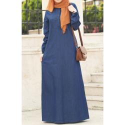 Robe Buttoned Hijab Denim Dress Navy Blue 1334