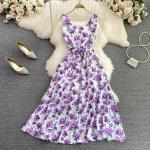 Casual Paarse Chiffon Handwas Bloemen Mouwloze jurken V-hals Maxi voor Dames 