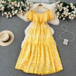 Casual Gele Polyester Slash Bloemen Mouwloze jurken  in maat XL met Volants voor Dames 