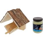 Vogelhuisje/voederhuisje/pindakaashuisje hout met dak van boomschors 16 cm inclusief vogelpindakaas
