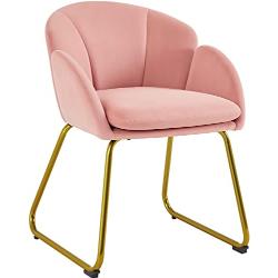 Yaheetech Gestoffeerde stoel met bloemblaadjesrugleuning, leunstoel met metalen poten, goud, eetkamerstoel, gestoffeerde stoel voor kaptafel, keukenstoel in bloemenvorm, roze
