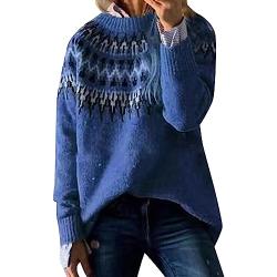 YCBMINGCAN Losse jacquard-trui, middellang, herfst/winter, ronde hals, gebreide trui met lange mouwen, Noorse trui voor dames, blauw, M