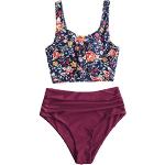 ZAFUL 2-delige tankini Beachwear set, eenkleurig gewatteerd badpak met schouderbanden en zwembroek met tropisch bladpatroon voor dames