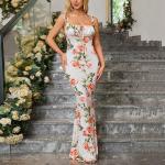 Casual Beige Polyester Slash Bloemen Floral dresses  in maat XXL Maxi voor Dames 
